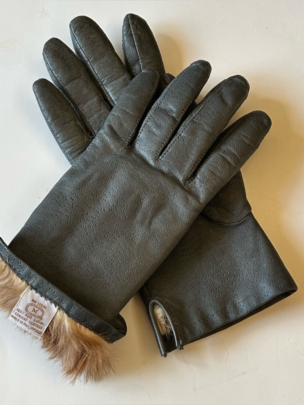 Vintage Leather Gloves Fur Lined Gray Soft Leather Winter Womens Medium